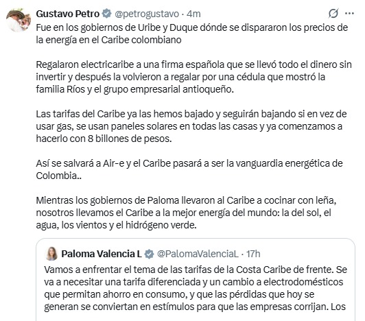 #POLÍTICA El presidente Gustavo Petro aseguró que el precio de la energía se disparó durante los gobiernos de los expresidentes Álvaro Uribe Vélez e Iván Duque, porque "regalaron a Electricaribe a una firma española que se llevó todo el dinero sin invertir".

Señaló que "mientras