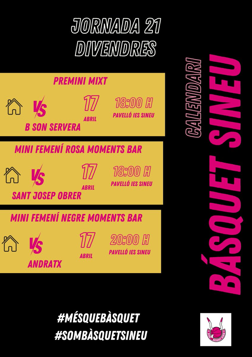 BasquetSineu's tweet photo. JORNADA 21 -divendres, dissabte i diumenge-

Si creus, tens mig punt anotat!

#sombàsquetsineu 
#mésquebàsquet 
🖤🩷🏀🖤🩷 https://t.co/1CTls7Z7ml