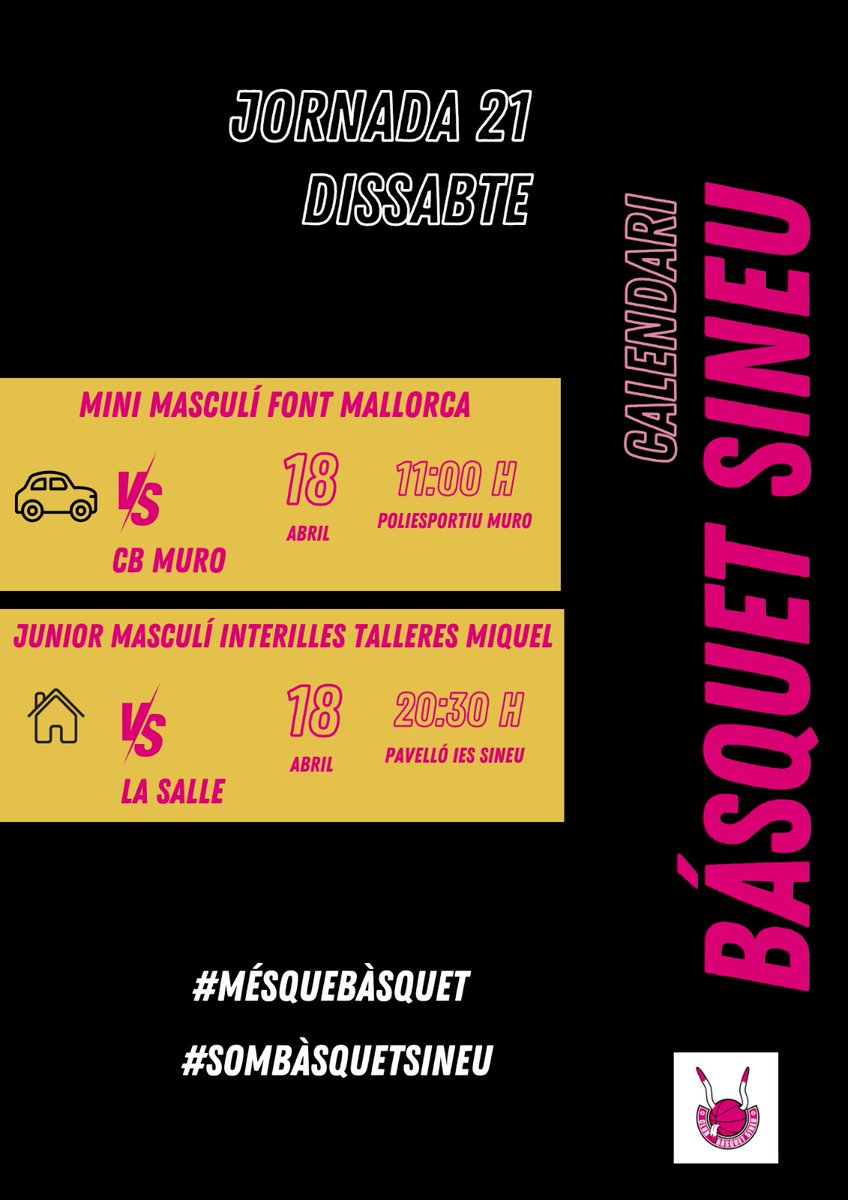 BasquetSineu's tweet photo. JORNADA 21 -divendres, dissabte i diumenge-

Si creus, tens mig punt anotat!

#sombàsquetsineu 
#mésquebàsquet 
🖤🩷🏀🖤🩷 https://t.co/1CTls7Z7ml