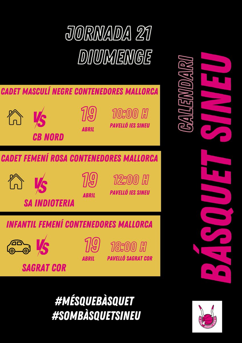 BasquetSineu's tweet photo. JORNADA 21 -divendres, dissabte i diumenge-

Si creus, tens mig punt anotat!

#sombàsquetsineu 
#mésquebàsquet 
🖤🩷🏀🖤🩷 https://t.co/1CTls7Z7ml