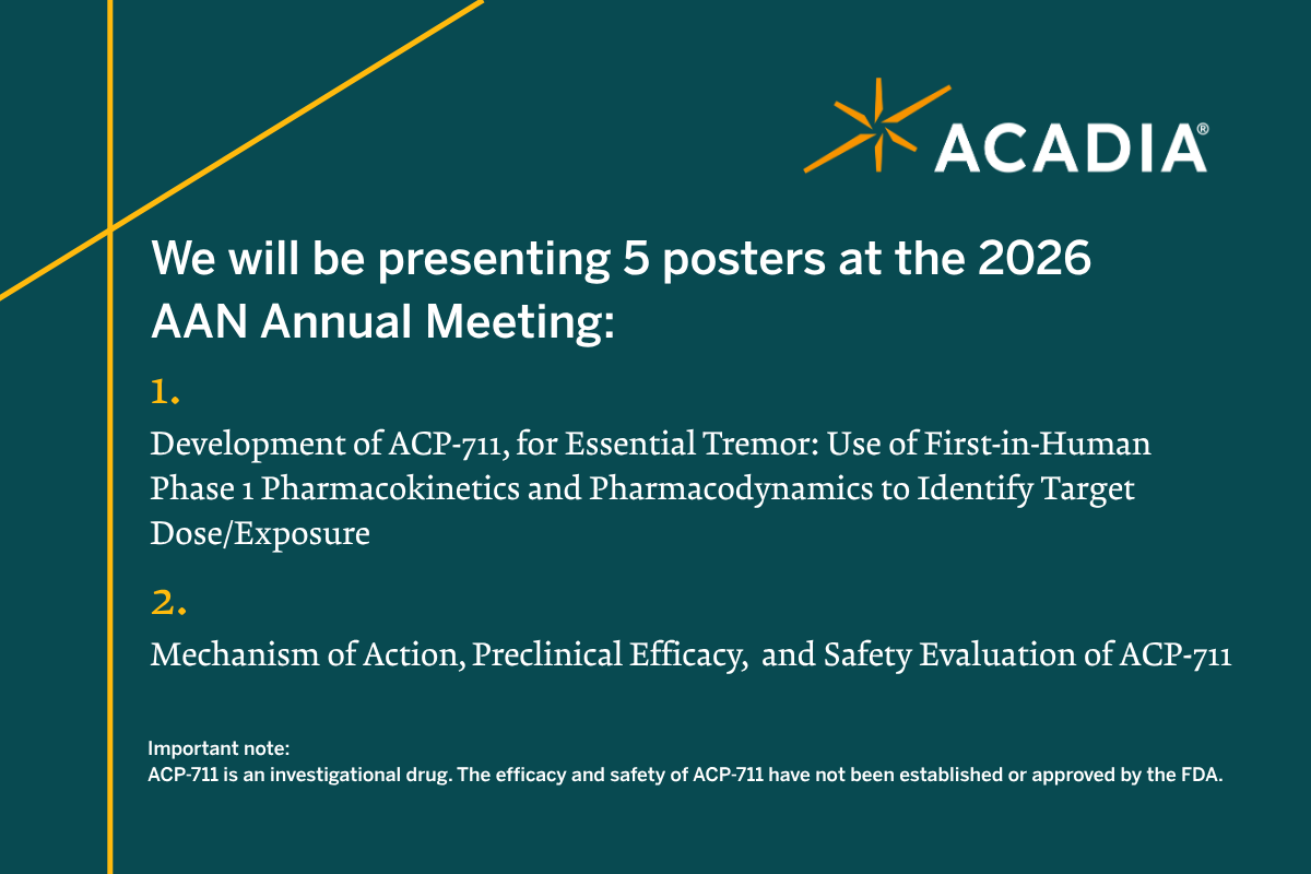 AcadiaPharma's tweet photo. At 2026 @AANMember Annual Meeting we’ll be presenting 5 scientific abstracts and posters featuring our latest data and insights from ongoing research efforts in #RettSyndrome, #ParkinsonsDisease, and #EssentialTremor.

Learn more: https://t.co/6qwgM80GDF https://t.co/PctrzpSEUI