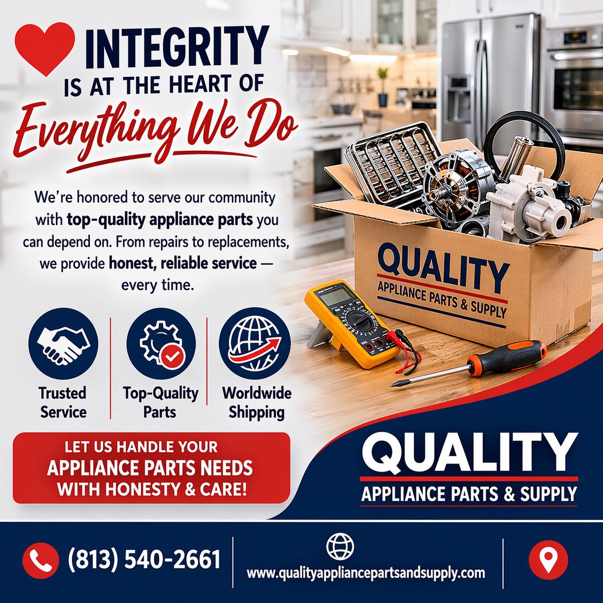 QualityApplian7's tweet image. Integrity matters. 🔧
At Quality Appliance Parts &amp;amp; Supply, we deliver reliable parts you can trust—serving our community with honesty and care.

🌍 Worldwide shipping
📞 (813) 540-2661
💻 qualityappliancepartsandsupply.com

#TrustedService #ApplianceParts