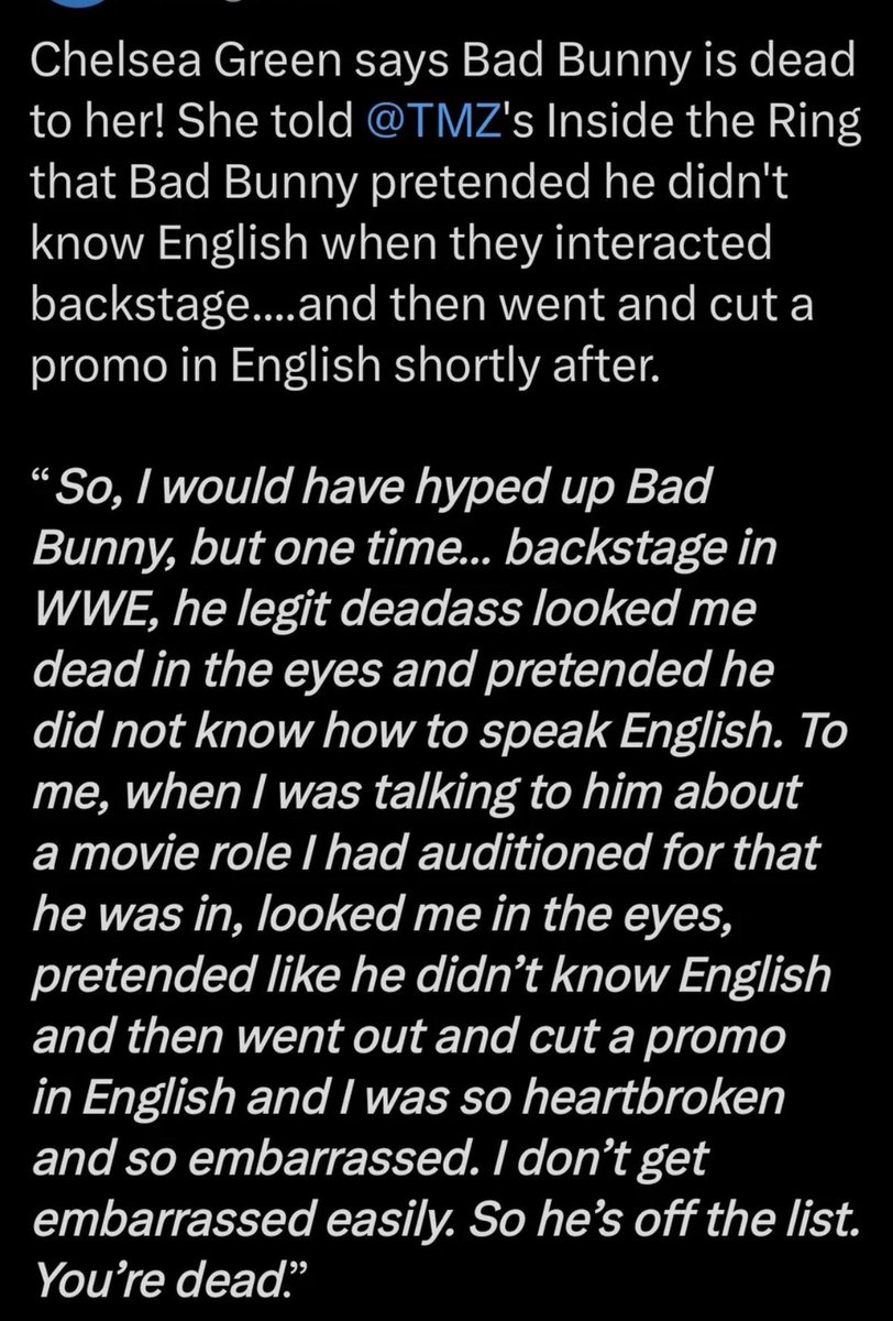 MakaveliDTA's tweet image. #BadBunny should have taken a photo of himself in #ChelseaGreen’s wrestling grear and posted it on #Instagram. He would have been forgiven.