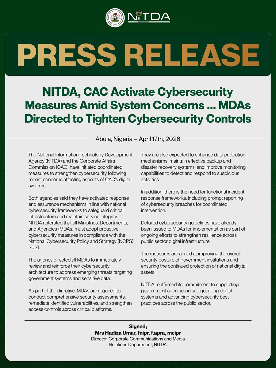 NITDANigeria's tweet photo. PRESS RELEASE!!!

NITDA, CAC Activate Cybersecurity Measures Amid System Concerns ... MDAs Directed to Tighten Cybersecurity Controls https://t.co/h9VmTKGluW