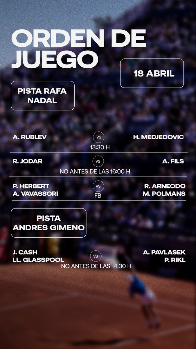 bcnopenbs's tweet photo. 🎾 ORDEN DE JUEGO 🎾

🗓️ Sábado, 18 de abril
⏰ 13.30 horas  
📍 @rctb1899
 
@atptour | @ATPTour_ES | #BCNOpenBS https://t.co/DQjA7FEvhl