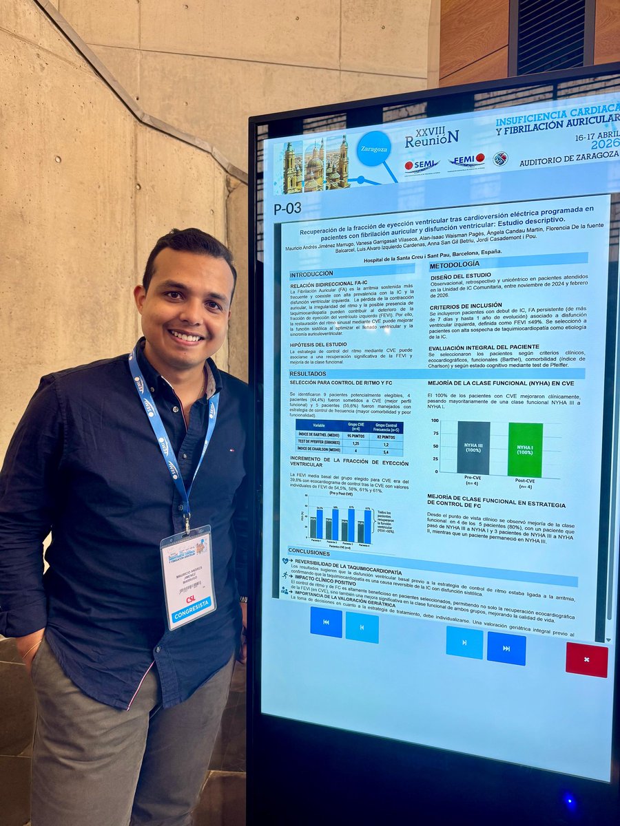 Interna_SantPau's tweet photo. El nostre R3 de medicina interna, Dr Jimenez @MauJimenez26 ha presentat un poster sobre l'utilitat de la cardioversió elèctrica en pacients en FA i disfunció ventricular; Poster dirigit i supervisat per la Dra Garrigasait @VGarrigasait ; Enhorabona! @Sociedad_SEMI @IcyfaSemi https://t.co/rHol6nbda5