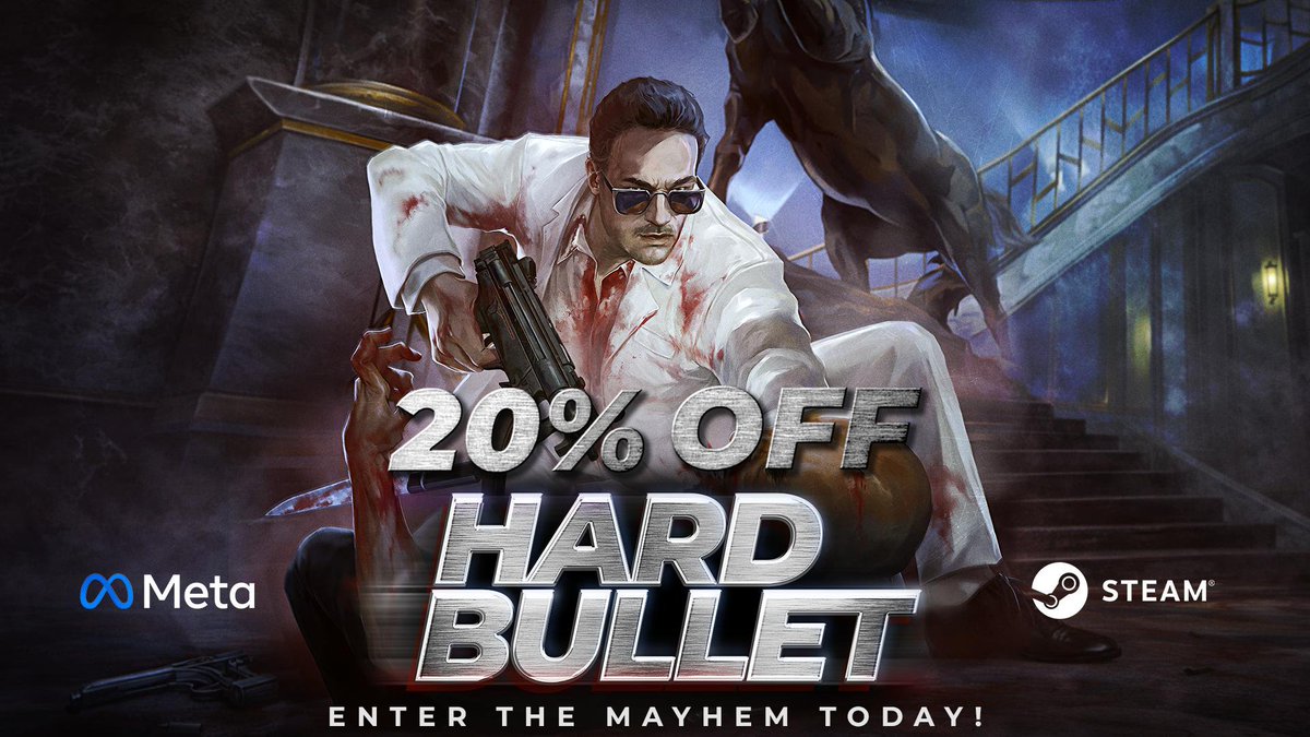 GexagonVR's tweet image. Hard Bullet is 20% OFF right now on Meta and Steam!

Enter the mayhem today. Bloodstains on the white suit are optional, but this deal is mandatory. 💥

#HardBullet #VR #SteamVR #MetaQuest #GamingDeals