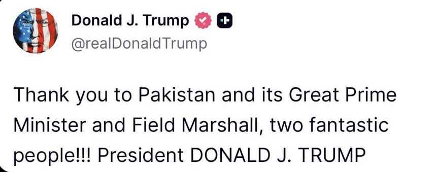 ibrahimKtweets's tweet photo. Good to see president Trump appreciating Pakistan and its Field Marshal and Prime Minister for their meaningful contribution to regional stability and the ceasefire process. https://t.co/neKp1x1PVp