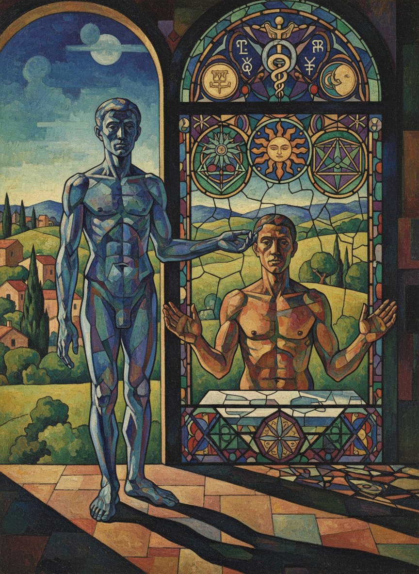 Parag361's tweet image. Depersonalization** — Figure: watching self. Symbols: stained window. Colors: cool blue. Meaning: feels unreal. Detail: A figure watches its own motionless body from outside a stained-glass window, feeling unreal and detached from the scene within. #Depersonalization #Window