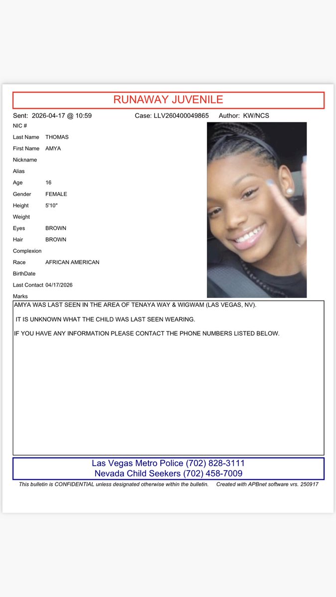 NVChildSeekers's tweet image. 🚨RUNAWAY JUVENILE 🚨

AMYA WAS LAST SEEN IN THE AREA OF TENAYA &amp;amp; WIGWAM (LAS VEGAS, NV).

 IT IS UNKNOWN WHAT THE CHILD WAS LAST SEEN WEARING. 

IF YOU HAVE ANY INFORMATION PLEASE CONTACT LAS VEGAS METRO POLICE 702-828-3111

#nvchildseekers #MissingChild #missingperson