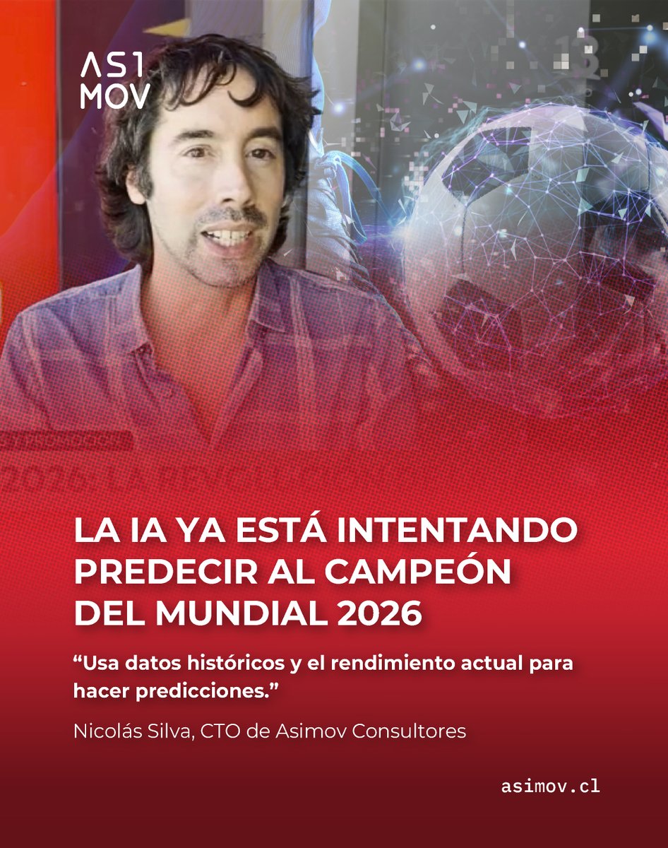 Asimovers's tweet image. Detrás de las predicciones deportivas ya no hay solo intuición ⚽🤖
Hoy, la IA permite analizar millones de datos y detectar patrones clave en el rendimiento de equipos y jugadores. Nuestro CTO Nicolás Silva lo comentó en Deportes 13.
#Asimov #InteligenciaArtificial #Mundial2026