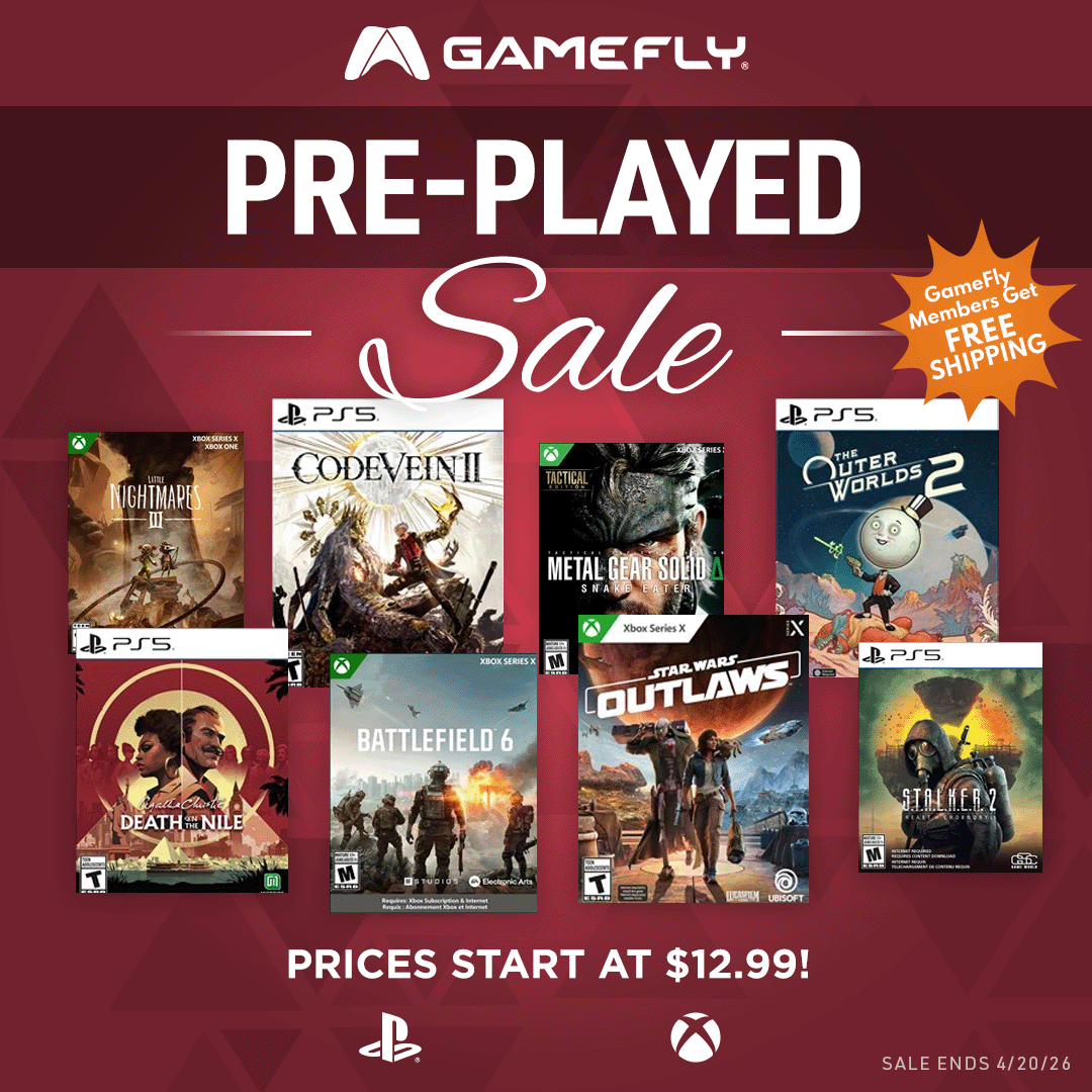 GameFly's tweet image. Our Pre-played Game Sale is live!

Get great discounts on Battlefield 6, The Outer Worlds 2 and more PS5 &amp;amp; Xbox titles.

bit.ly/4pcv0fq

Sale ends 4/20

#Videogames #GameFly #Gaming #Sale #PS5 #Xbox
