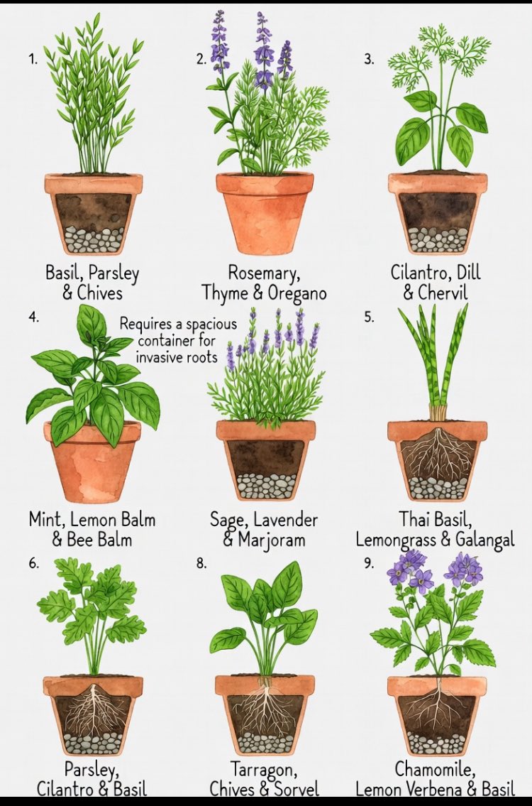 Cameron20370744's tweet image. "Certaines herbes poussent magnifiquement ensemble lorsqu'elles partagent des besoins similaires en lumière, en eau et en espace racinaire 🌿🪴 
Groupez intelligemment, et un seul pot peut devenir un petit jardin de cuisine parfumé."

#jardin #cuisine 

Merci @dufitalexis1