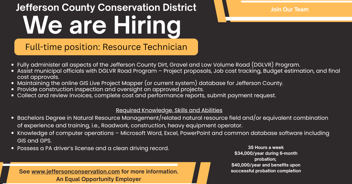 PAConservation's tweet photo. Jefferson County Conservation District is hiring a Resource Technician https://t.co/uSKfDd3R64 #ConservationJobs https://t.co/ODUR8ul69B