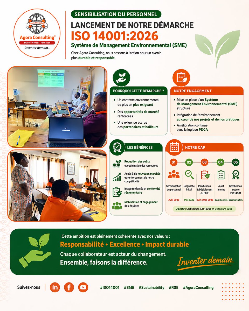 #HappeningNow | Lancement de notre démarche #ISO14001:2026 🌿

Chez Agora Consulting, nous franchissons aujourd’hui une étape stratégique majeure avec le lancement officiel de notre démarche de mise en œuvre du Système de Management Environnemental (SME), en préparation à la