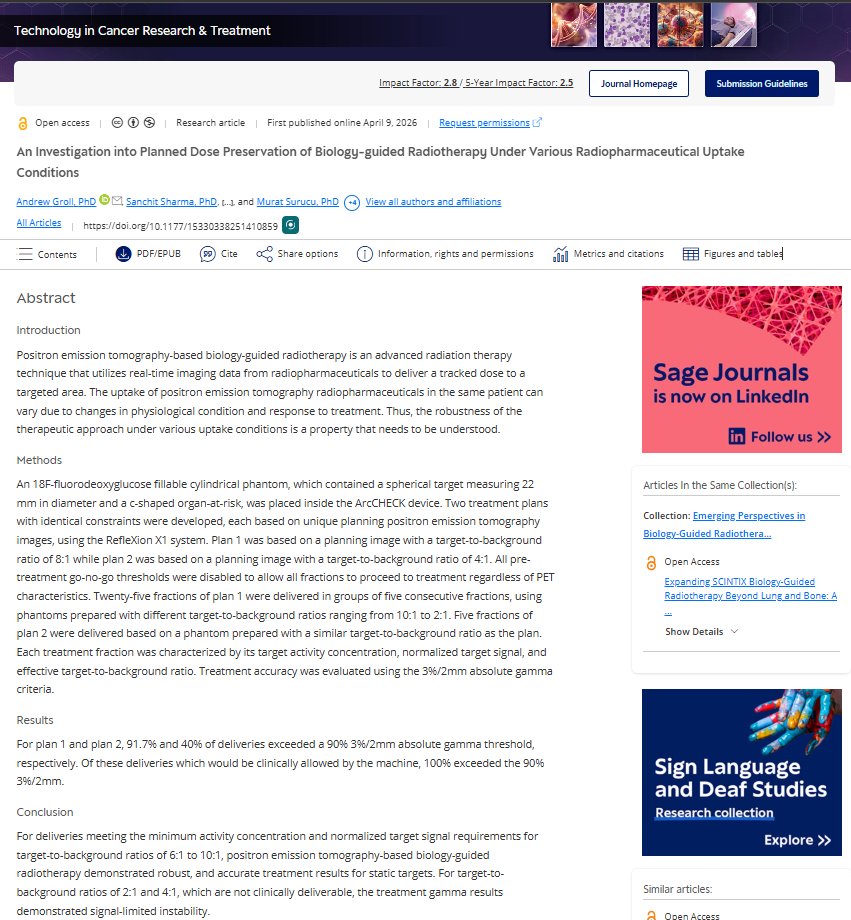 drjkyl's tweet image. An Investigation into Planned Dose Preservation of Biology-guided Radiotherapy Under Various Radiopharmaceutical Uptake Conditions
@TCRT_Cancer 
@SageJournals 
@Stanford 
@reflexionmed 

journals.sagepub.com/doi/10.1177/15…

#PET #MedicalImaging #Oncology #openaccess