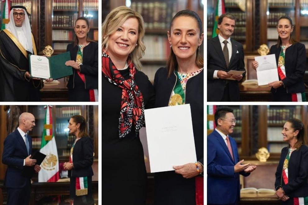 24_morelos's tweet image. RECIBE SHEINBAUM 5 CARTAS CREDENCIALES DE EMBAJADORES

La presidenta @Claudiashein recibió las cartas credenciales de los embajadores de #Egipto, #Indonesia, #PaísesBajos, #Portugal y #Cuba.

Sheinbaum posó junto a Amr Abdelazim (Egipto), Elsayed Rifai (República de Indonesia),
