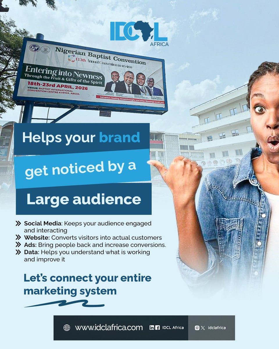 idclafrica's tweet image. Billboard creates Awareness
Social  brings Engagement
Website leads to Conversion
Ads allow Retargeting
Data springs Growth

That’s the system.

Let IDCL Africa connect it for you.

#IDCLAfrica #Marketing #BrandGrowth