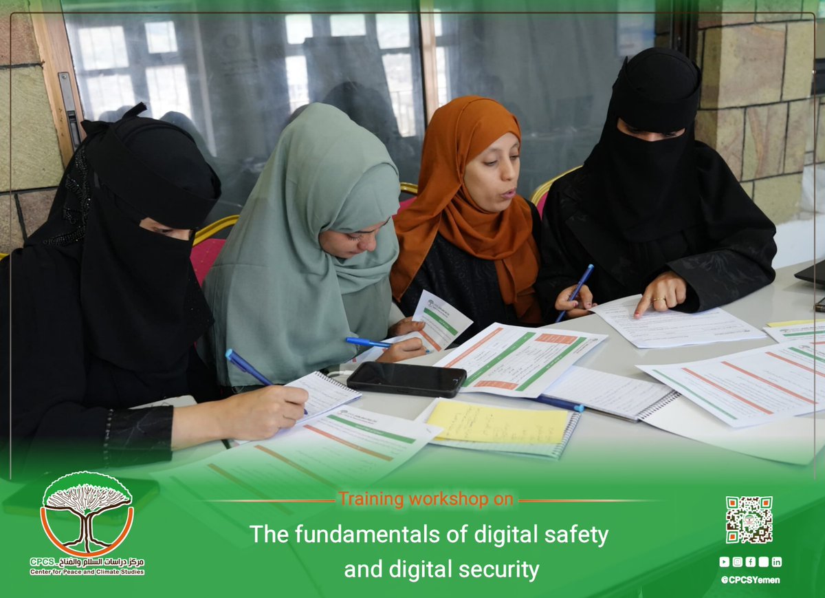 CPCSYemen's tweet image. The Center for Peace and Climate Studies concluded on Thursday, April 16, 2026, a training workshop on the #Basics of #Digital_Safety and #Digital_Security for (15) young women leaders in #Taiz Governorate.
#Advocacy
#Digital_Security
#Empowerment_Innovation_Sustainability
#CPCS