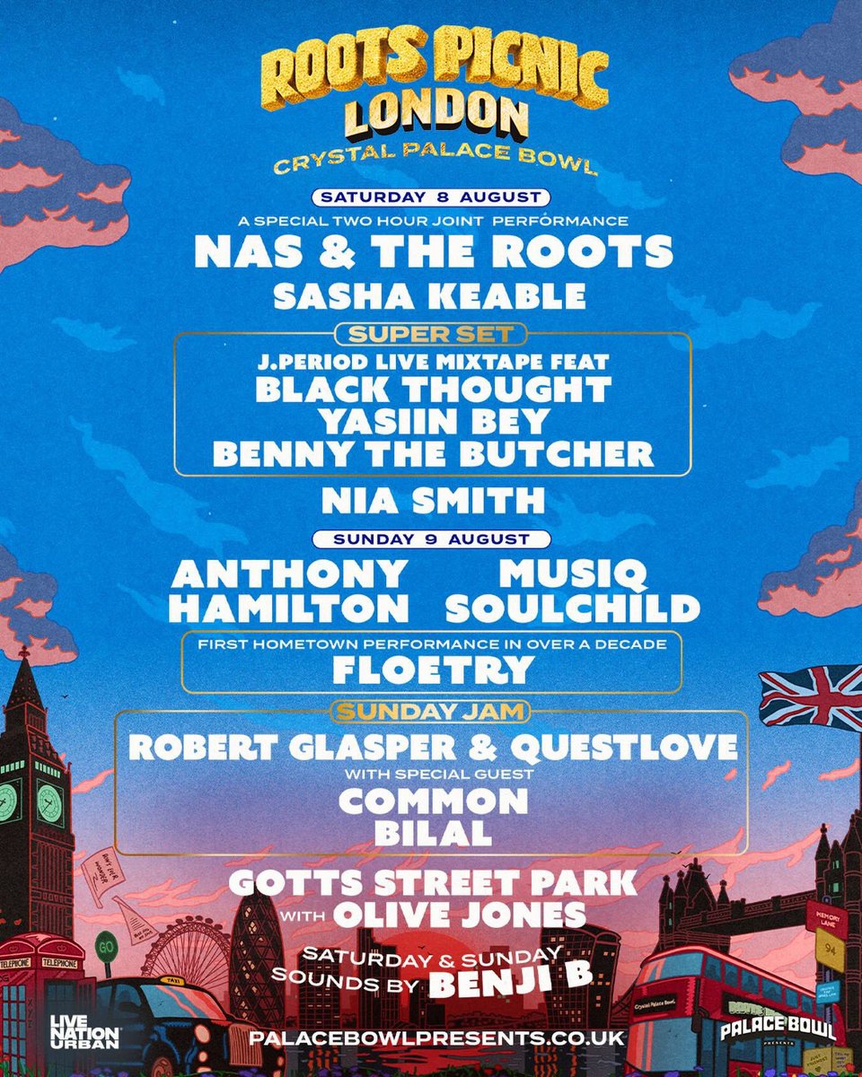 Taaalib's tweet photo. The line up for Roots Picnic’s first ever London edition is here! 🇬🇧

Festival Presale: Monday 20th April 12PM BST

General Sale: Tuesday 21st April 12PM BST

Join us at Crystal Palace Bowl and watch history be made! 

🎟️ https://t.co/cCChJjDIR7 https://t.co/wdLR0y16Ug
