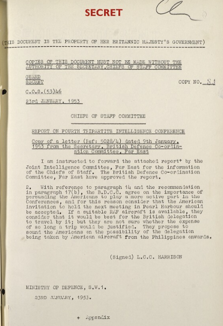 pinstripedline's tweet photo. In Sept 1953 the UK, USA and French held a 'tripartite intelligence conference' in Singapore.  This thread records a series of intelligence discussions and a spectacular falling out between CINCPAC and the CIA... https://t.co/UtQAsowwIl