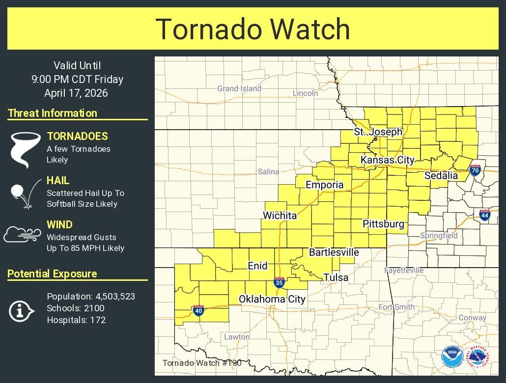 NWSWichita's tweet photo. A tornado watch has been issued for parts of Kansas, Missouri and Oklahoma until 9 PM CDT https://t.co/xkZs8lLgwx