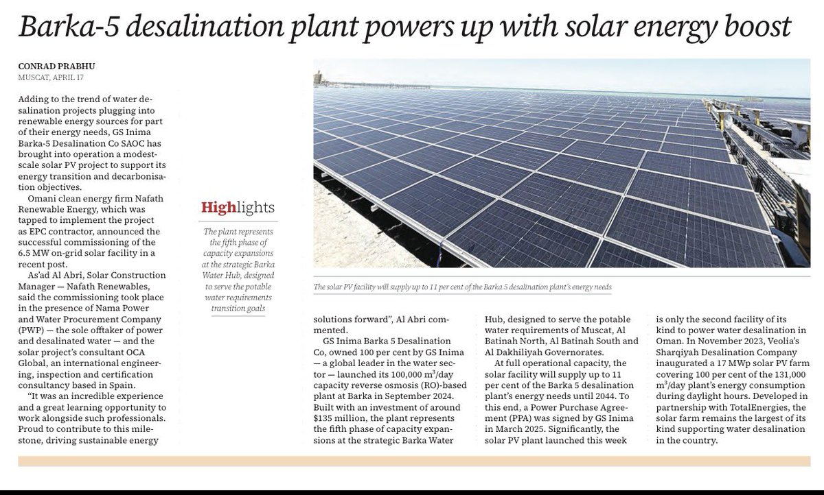 Oman_biz's tweet image. Oman is expanding the use of solar energy in water desalination, aiming to cut costs and emissions while strengthening long-term water and energy security.

Read more: omanobserver.om/article/118804…

#Oman #OmanEconomy #Energy #Water #Solar #Sustainability #Vision2040