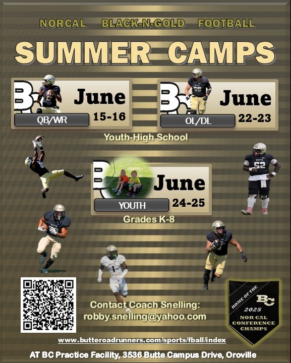 <a href="/ButteFootball/">Butte College Football</a> Summer Camp Link is LIVE. Hit the URL below or the QR! These camps are designed as in introduction to the fundamentals for the game and to help you fine tune your skills as you move through HS.
signupgenius.com/.../10C0C44AFA…...
#BCPride