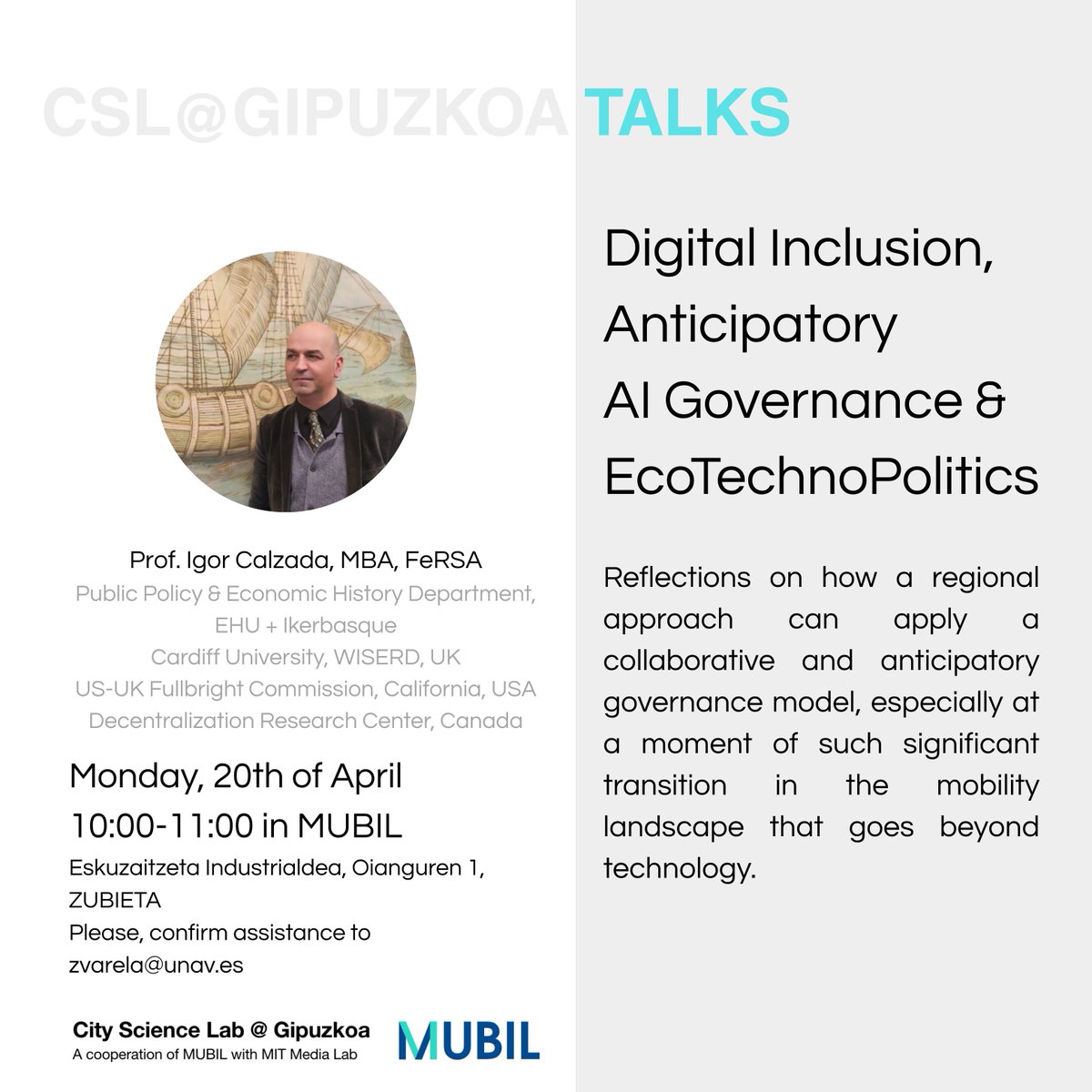 ICalzada's tweet image. 🚨 Last chance! Join us this Monday, April 20.

I’ll be sharing insights on governance frameworks shaping #SmartMobility initiatives like @MIT City Science Lab Gipuzkoa.

Let’s expand #ActionResearch &amp;amp; policy agenda from the #BasqueCountry and beyond

🔗 lnkd.in/e-jMwXp5