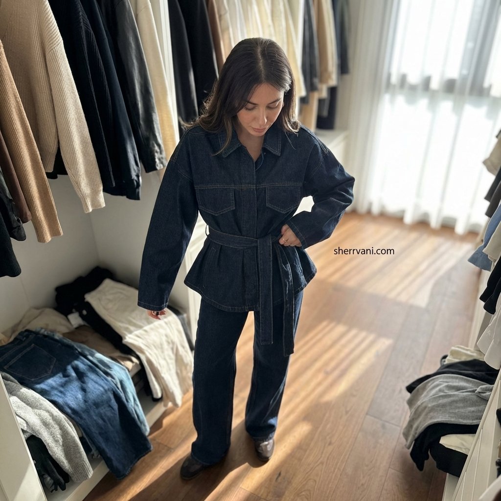 JamesMoalesse's tweet image. Stop overthinking your morning outfit. This belted denim set is the ultimate 'one-and-done' solution for a polished, structured look that takes zero effort. Efficiency meets style. Get yours: sherrvani.com #sherrvani #fashionhack