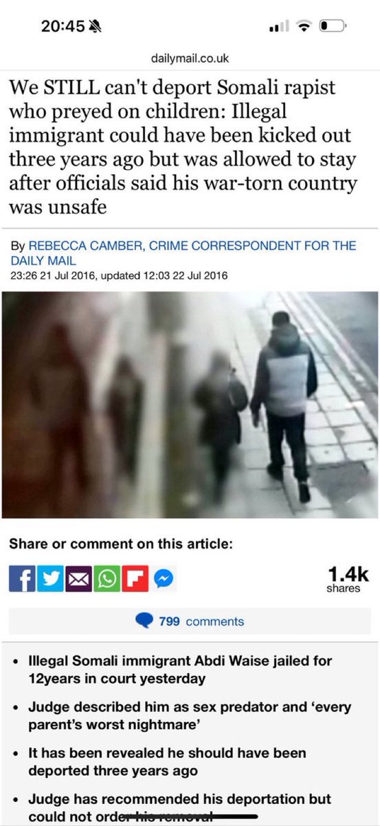 A convicted Somali Rapist Tried to abduct different schoolgirls on five separate occasions !

An illegal Somalian immigrant who kidnapped a schoolgirl weeks after being released early from a jail sentence for rape should have been deported three years ago.
Abdi Waise, 28, was