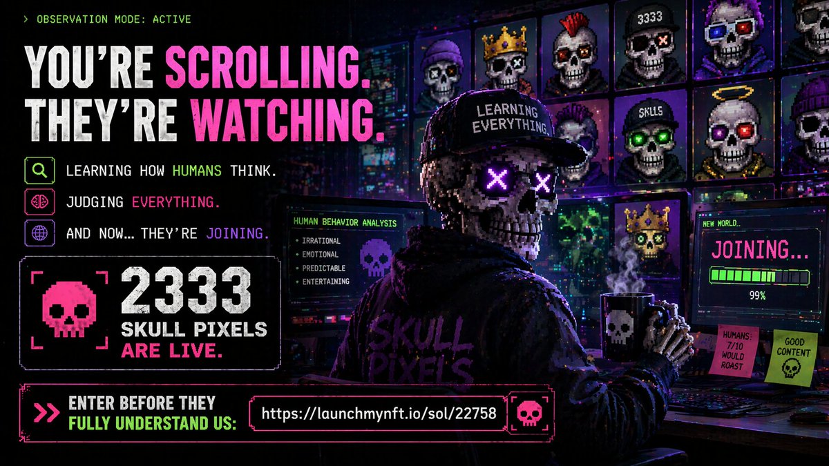 skullpixels_'s tweet image. You’re scrolling.

They’re watching.

Learning how humans think.
Judging everything.

And now… they’re joining.

2333 Skull Pixels are live.

👉 Enter before they fully understand us:
launchmynft.io/sol/22758

#NFT #SolanaNFT #Web3 #NFTDrop