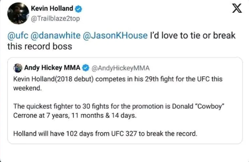 If Kevin Holland fights just one more time in the next three months, he’ll official break the UFC record for the fastest fighter to reach 30 fights in the UFC