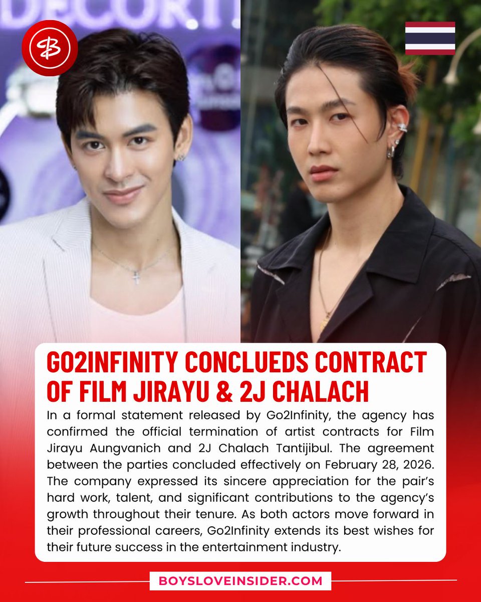 BoysLoveInsider's tweet photo. In a formal statement released by Go2Infinity, the agency has confirmed the official termination of artist contracts for Film Jirayu Aungvanich and 2J Chalach Tantijibul.
#Go2Infinity #FilmJirayu #2JChalach #ThaiBL https://t.co/QqM9sI6Uti