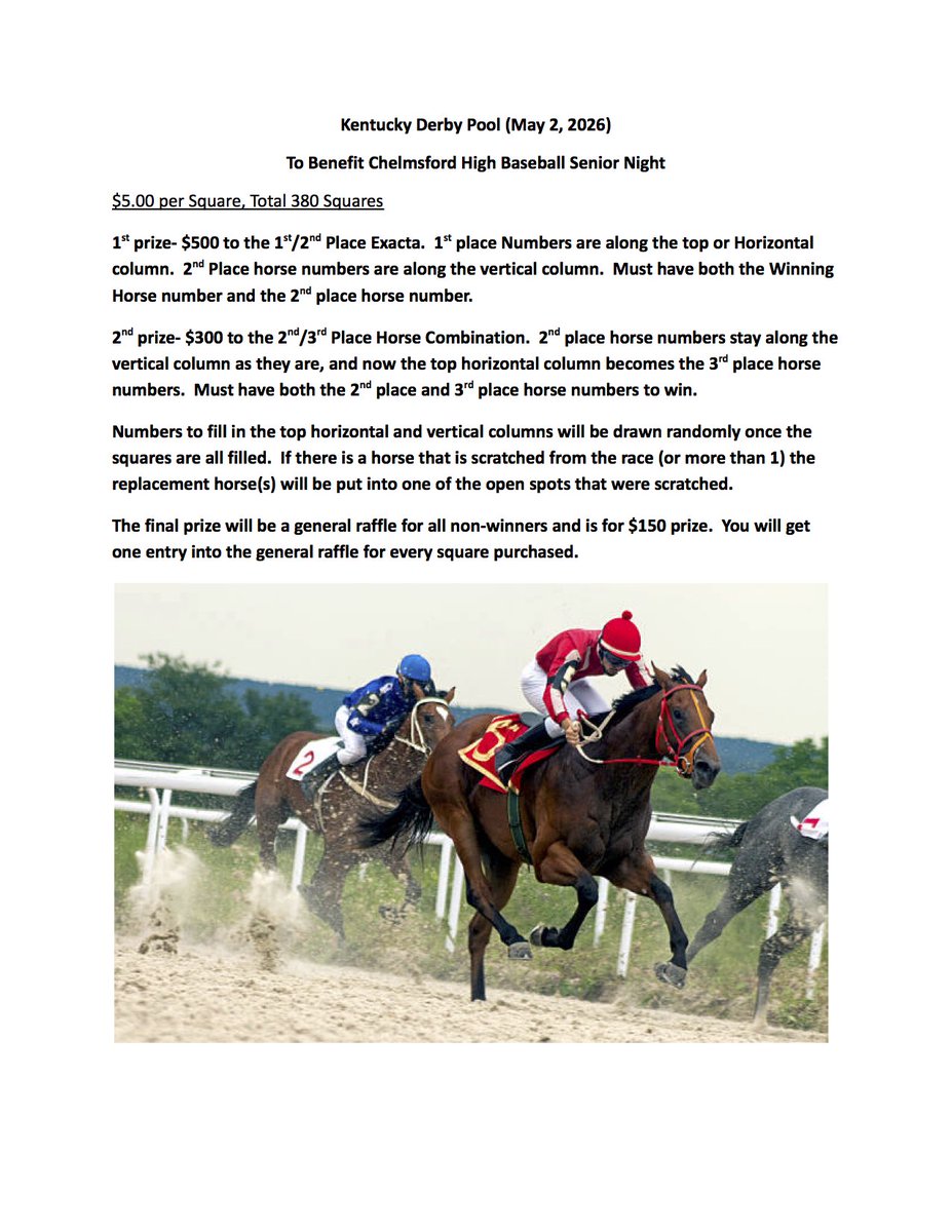 DadCoachBubba1's tweet photo. CHS Baseball Kentucky Derby fundraiser. $5/square. 
Squares will be assigned randomly in the grid.
1st &amp; 2nd Place Horse Exacta = $500
2nd &amp; 3rd Place Horse Exacta = $300
Raffle of non-winners (one entry per square purchased) = $150
Venmo: @Barbara-Bilo include the name quantity https://t.co/Q8BYAThXNN
