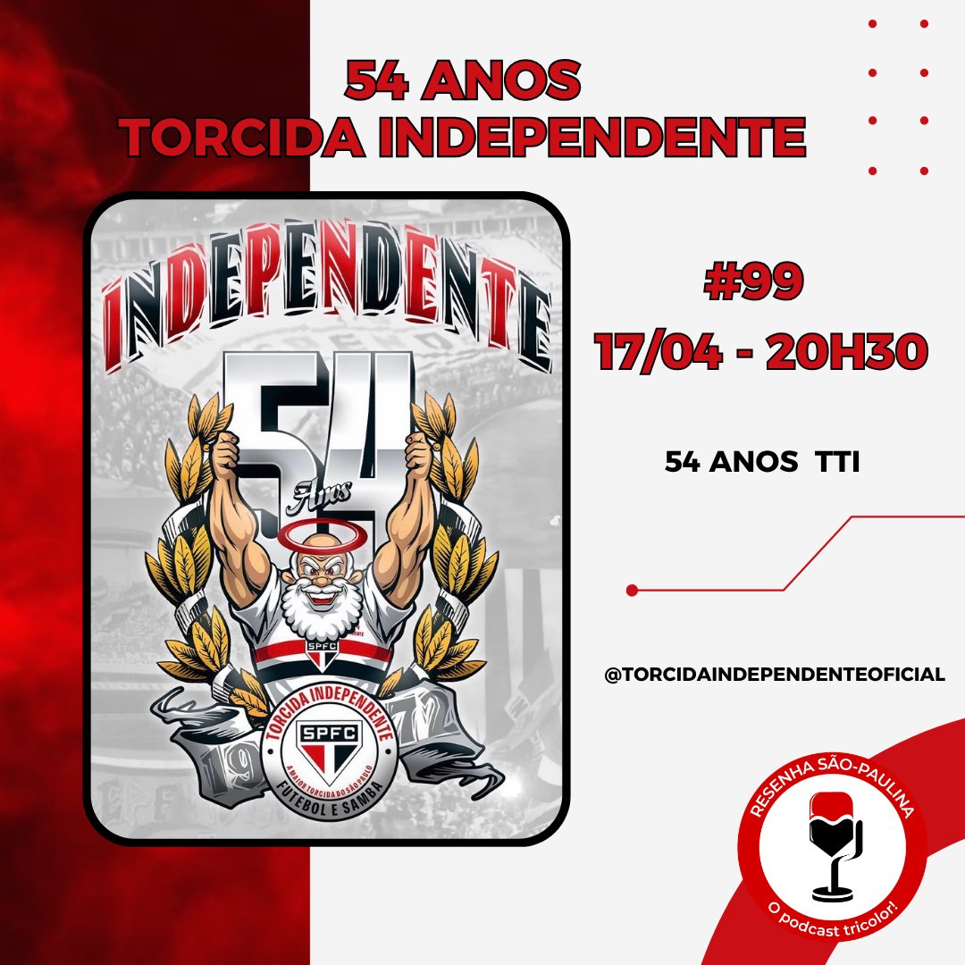 resenhasp_'s tweet photo. Hoje, a partir das 20h30, estaremos ao vivo diretamente da sede da Torcida Independente para celebrar os 54 anos da maior torcida organizada do São Paulo Futebol Clube! 

Contamos muito com a audiência de vocês! ❤️🤍🖤

⏰ 20h30
🔗 https://t.co/EUDxA4Tu0e https://t.co/7lcwyYVM6L