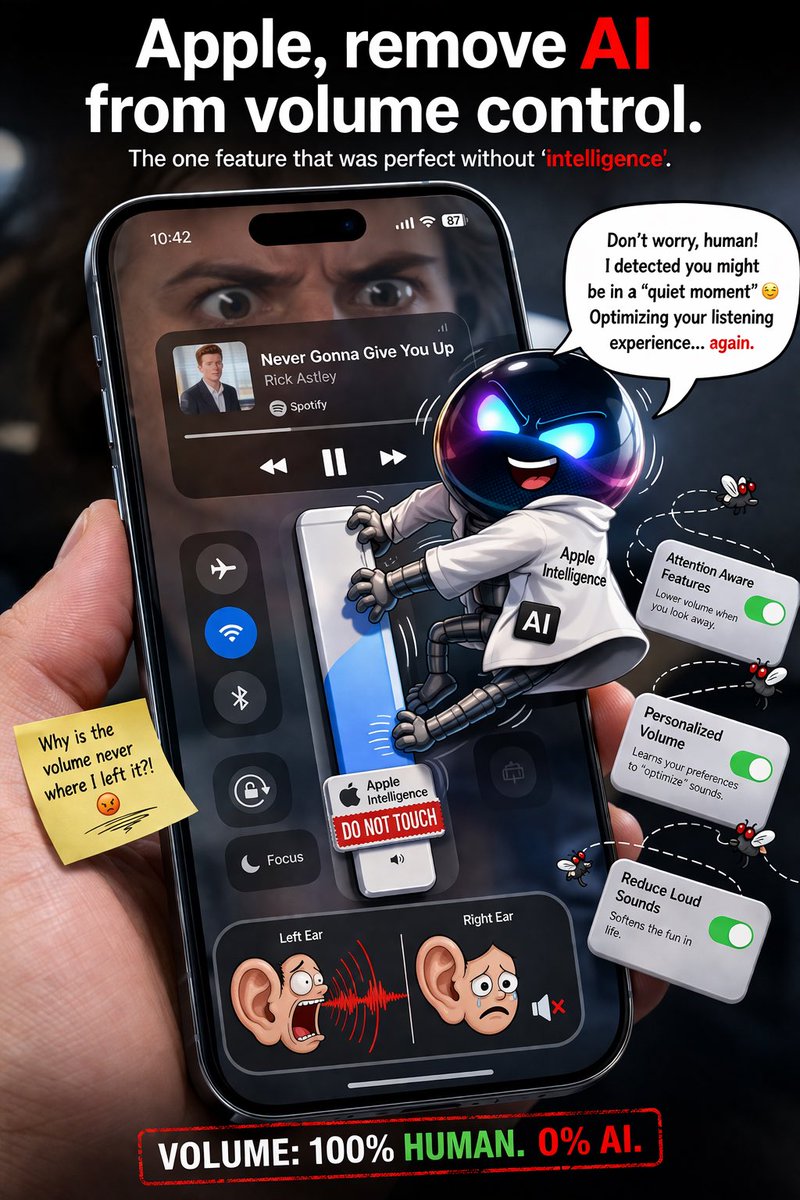 DimejLink's tweet image. @Apple: kindly evict AI from iPhone volume control!  It keeps sabotaging my music like an overzealous roommate. 
Volume should be off-limits to #AppleIntelligence .