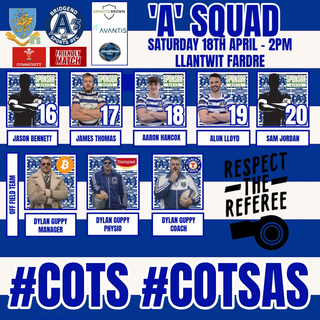 BridgendSports's tweet image. 📣 'A's vs Llantwit Fardre 2nd XV
🏉 Friendly Match 
🗓 Saturday 18th April 
📍 Llantwit Fardre RFC 
🕜 2pm KO 

🔵⚪

#COTS #COTSAS