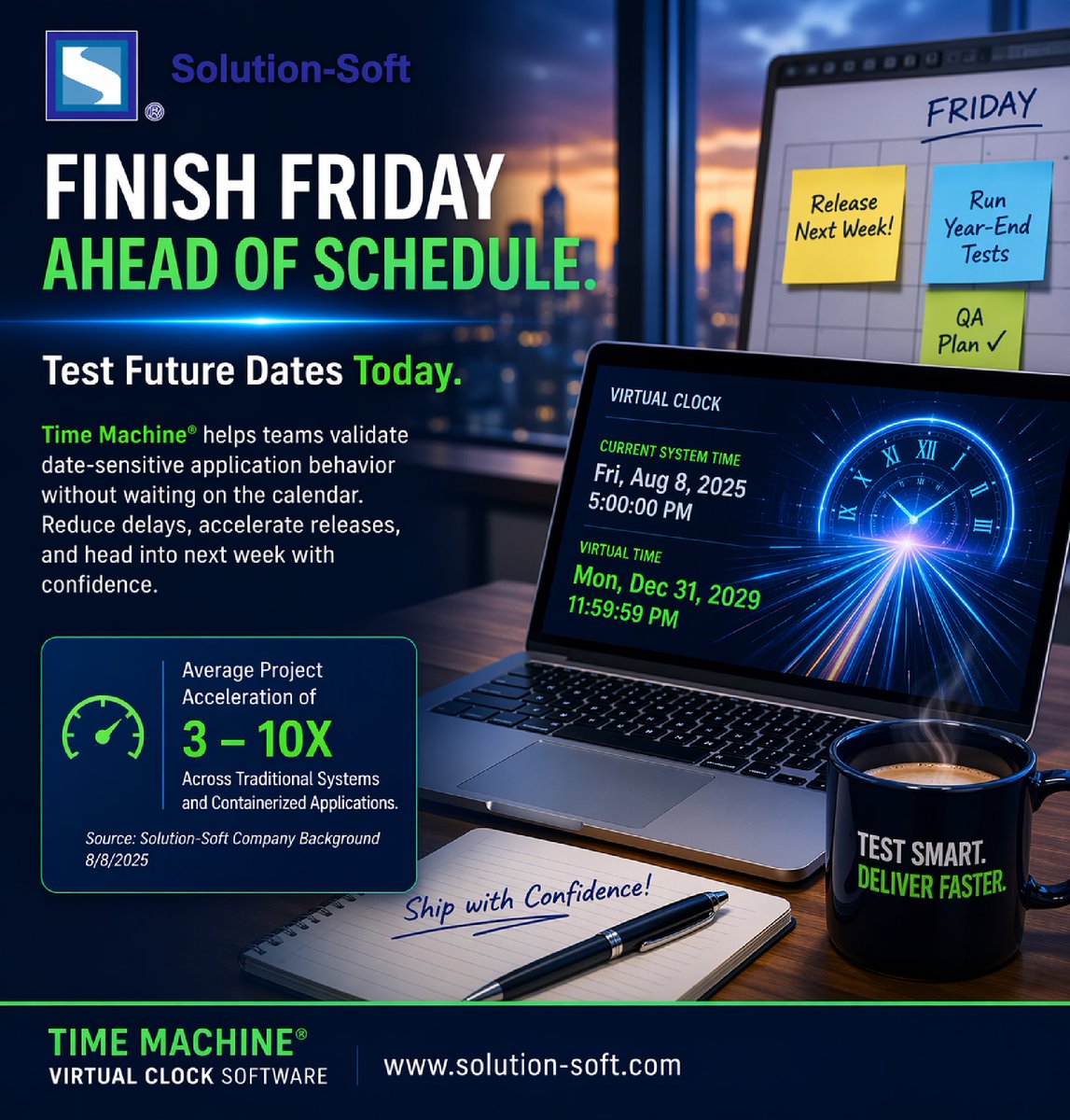SolutionSoftTM's tweet photo. Finish Friday with testing that moves faster than real time. Time Machine® helps teams validate date-sensitive application behavior without waiting on the calendar, so releases keep moving and next week starts stronger. #SoftwareTesting #DevOps #QA #TimeTravelTesting https://t.co/9N945WhX1b