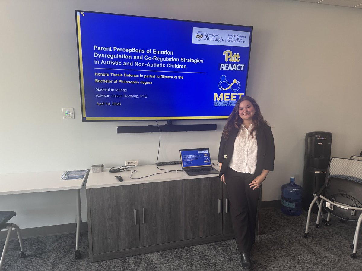 PittREAACT's tweet photo. On Tuesday, Madeleine, undergraduate research assistant and Pitt senior, defended her honors thesis, “Parent Perceptions of Emotion Dysregulation and Co-Regulation Strategies in Autistic and Non-Autistic Children”. Her thesis was advised by Dr. Jessie Northup. Amazing job! https://t.co/y7HuQgrcDi