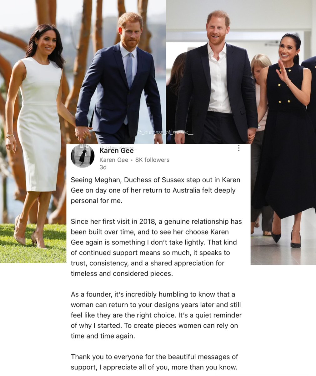 As Prince Harry and Meghan’s visit to Australia concludes, I reflected on Meghan’s fashion on insta. She embraced looks that blends her signature aesthetic with a strong commitment to showcasing local talent. A total of 13 Aussies highlighted by Meghan🇦🇺. bit.ly/4etAKz0