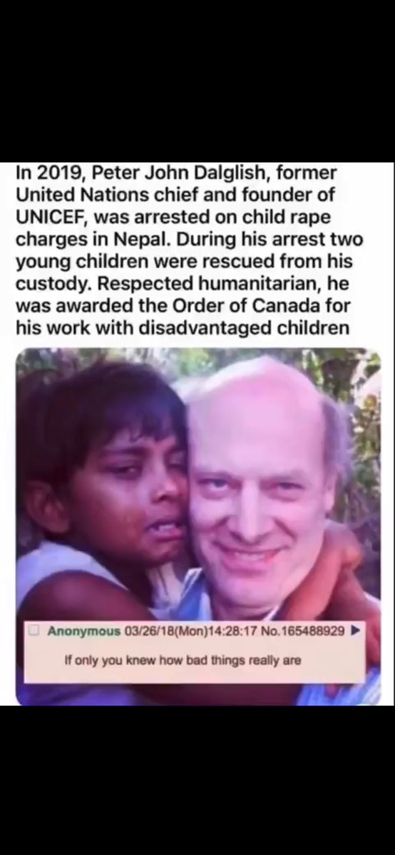 Elissamaiss's tweet image. 😳🫨Peter John Dalglish, ancien chef de l’ONU et fondateur de l’UNICEF, a été arrêté pour des accusations de viol sur mineur au Népal.

Deux jeunes enfants ont été secourus de sa garde. Il a reçu l’Ordre du Canada pour son travail avec des enfants défavorisés...
#ONU #Unicef