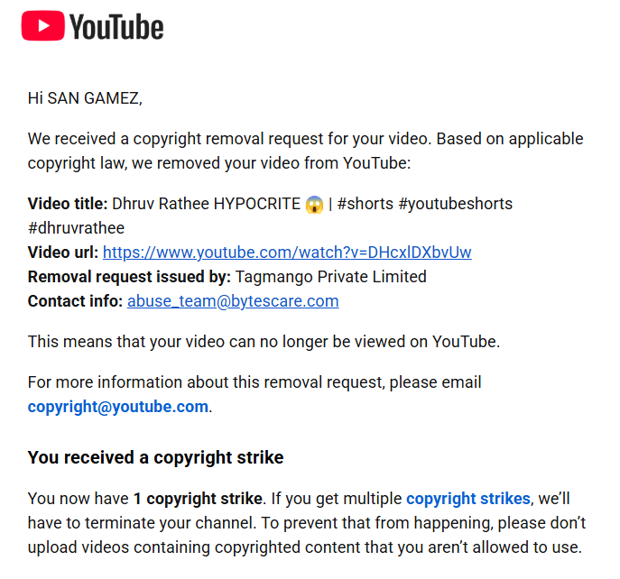 sangamez92's tweet photo. Dear @dhruv_rathee Bhai I Get a copyright strike on one of my videos where I covered a viral Instagram news on you with my own narration and commentary I respect your work and had no intention of misuse Kindly request to please review this matter once 🙏 https://t.co/3UU6585ixj