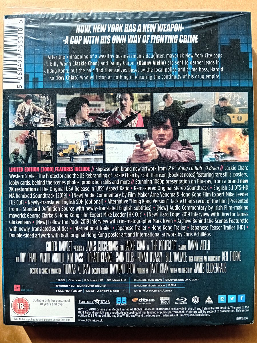 KevinChan478's tweet photo. A look back at the 2019 release of The Protector (1985) blu ray from @88_Films just ahead of the 4K Deluxe Edition coming very soon.

Stunning artwork from @KUNGFUBOBSART 👌🏻 

#TheProtector #bluray #physicalmedia #JackieChan #DannyAiello #BillWallace #MoonLee #JamesGlickenhaus https://t.co/5kmNbU81Ph