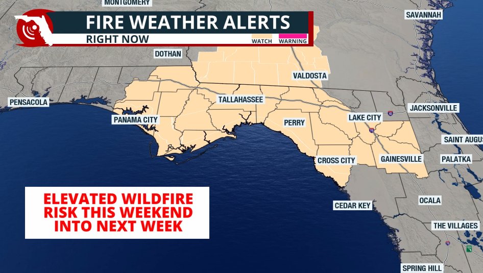 FloridaStorms's tweet photo. A Fire Weather Watch has been issued for parts of the #Panhandle and #NorthFlorida. On top of the drought, we expect humidity levels to drop and winds to pick up this weekend into early next week, which could support the development and spread of wildfires. https://t.co/4zFEGnuqai