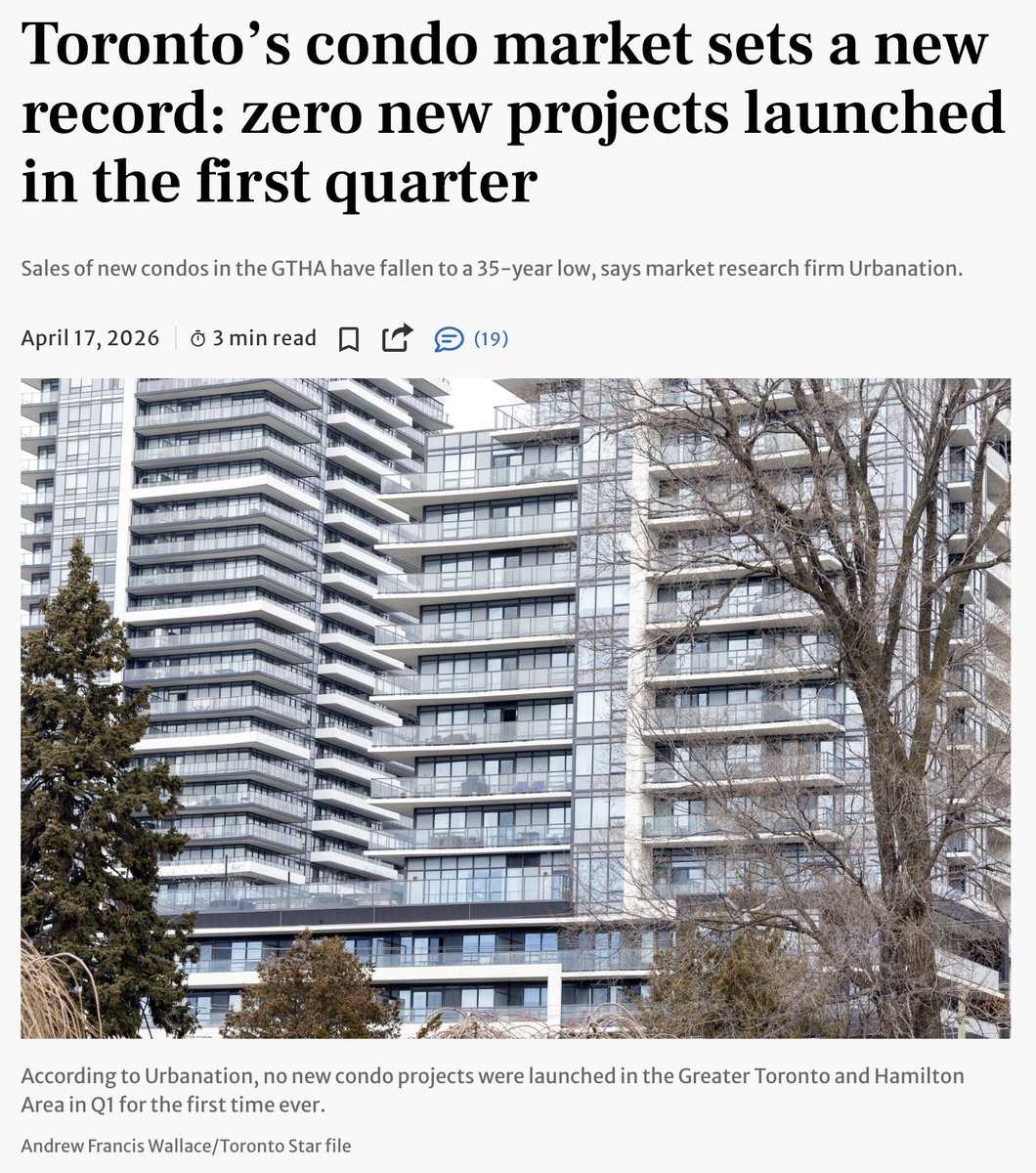 ShaziGoalie's tweet photo. Toronto’s condo market just did something almost unthinkable.

ZERO new condo projects launched in Q1.

Not one.

That’s what happens when sales dry up, investors vanish, lenders tighten, and builders can’t make the numbers work.

This isn’t a slowdown anymore. It’s a full market freeze.

The warning signs keep getting louder.
