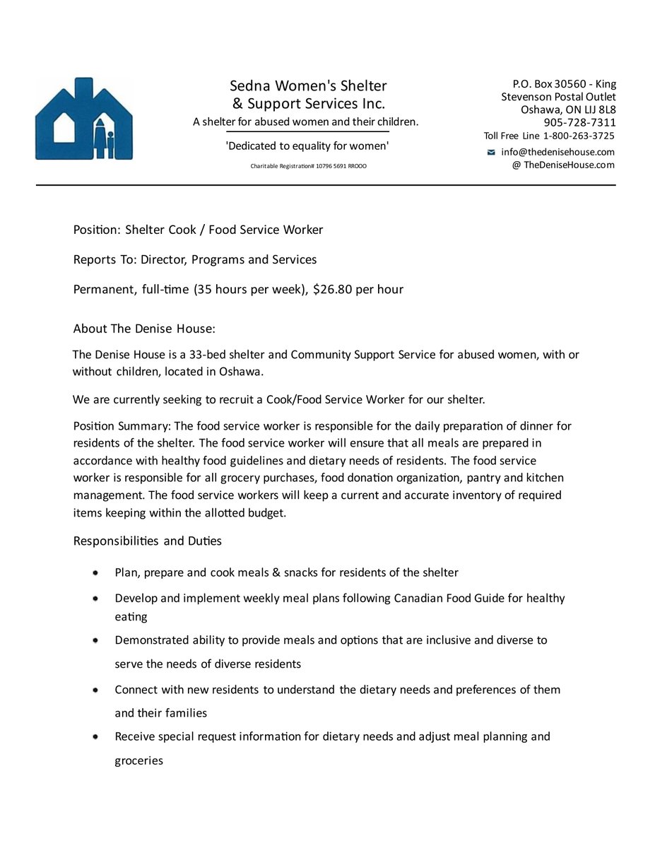 TheDeniseHouse's tweet photo. ✨ We’re Hiring ✨
The Denise House is seeking a Cook / Food Service Worker to support women & children with nourishing meals 💜
🍽️ Full-Time | Oshawa | $26.80/hr
📅 Apply by May 1
📧 dkoeper@thedenisehouse.com
#thedenisehousedurham #SupportForWomen #EndViolenceAgainstWomen https://t.co/4WPdJmJwOS