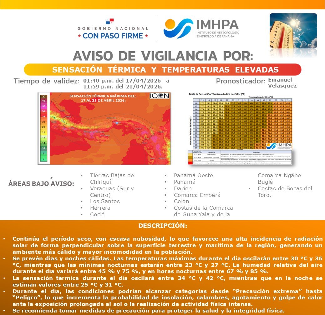 imhpapma's tweet photo. 📣 Aviso de Vigilancia por Altas Temperaturas y Sensación Térmica 🌡

📌 Válido hasta las 11:59 p.m  del 21 de abril de 2026.

Pronóstico por el meteorólogo Emanuel Velásquez.

📲 Para más información visita https://t.co/74vkjvagDm https://t.co/vuHSjYkaXz