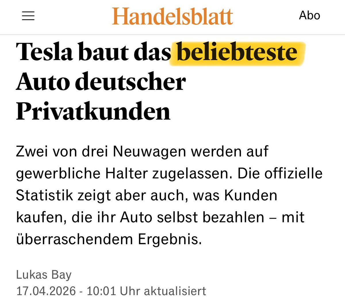 EFIEBER_ANDRE's tweet photo. Dem ist nichts hinzuzufügen.
Deutschland 🇩🇪 hat Tesla wiederentdeckt. 
Und zwar genau dort, wo es wirklich zählt. 

Bei privaten Käufern. https://t.co/5Y3wgod058
