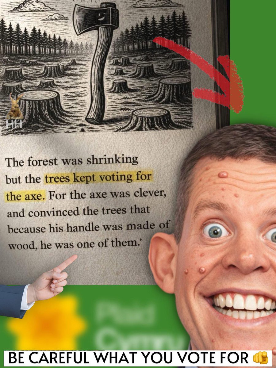 20NPHartleyHare's tweet image. ARE YOU A TREE ABOUT TO VOTE FOR THE AXE?🪓 

Plaid supported Welsh Labour Government 16 years of their 27 years in power, yet they are trying desperately to distance themselves from Welsh Labour in the hope you have a sudden bout of amnesia!
BE CAREFUL WHAT YOU VOTE FOR ⚠️